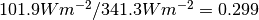 101.9 W m^{-2}/341.3 W m^{-2}=0.299